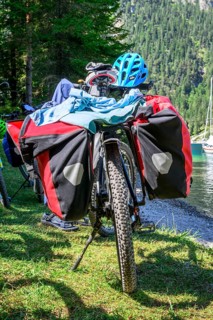Packed mountain bike with panniers