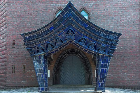 Expressionist entrance portal of the Protestant Church of the Holy Cross