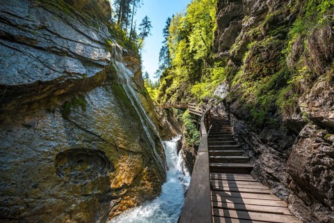Wodden boardwalk leads along the Wimbach river through the Wimbach Ravine