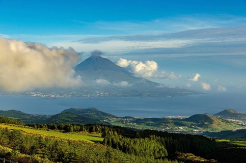 View of volcano Ponta do Pico with clouds