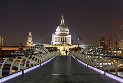 Millenium Bridge and St Paul's Cathedral by night