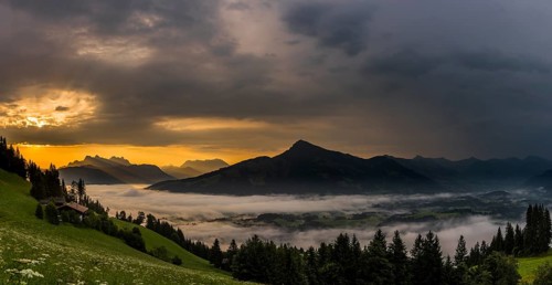 Mountain meadow with mountain top with sea of fog at sunrise