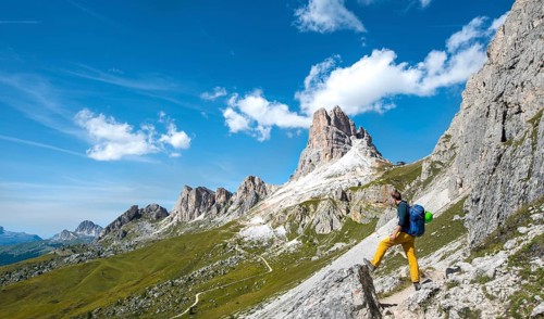 Hiker on the circular hiking trail from Passo Giau via Nuvolau