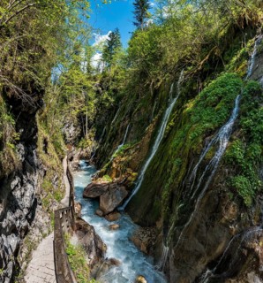 Wodden boardwalk leads along the Wimbach river through the Wimbach Ravine