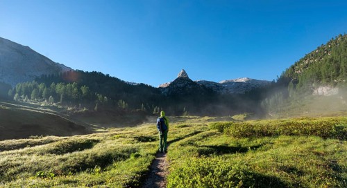 Hiker in morning mist on hiking trail to Wasseralm via Niederbrunnsulzen