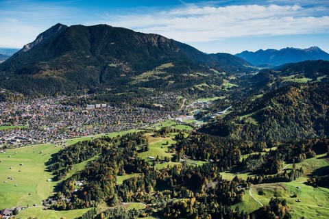 Partenkirchen in front of the Wank with ski jump at Gudiberg