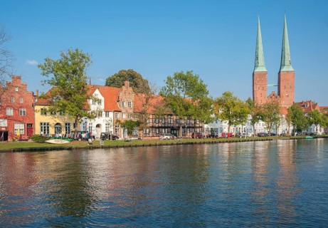 Historical townscape on the river Trave with cathedral