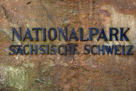 Stone slab at the entrance to the bastion with inscription National Park Saxon Switzerland