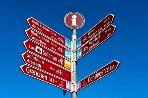 Various signposts for cycling tours and inline skating in front of blue sky