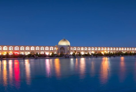 Illuminated Imam square with Lotfollah mosque during blue hour