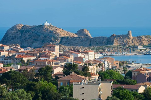 Port city with lighthouse