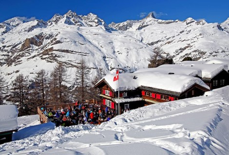 Mountain inn with sun terrace on the Riffelalp 2222m in winter