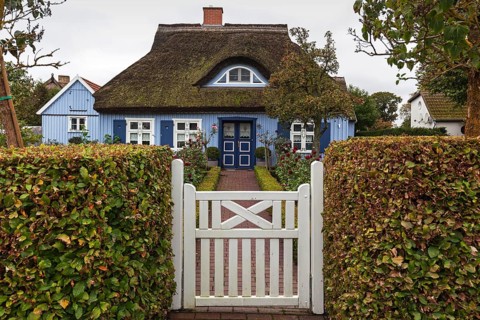 Typical blue thatched-roof house