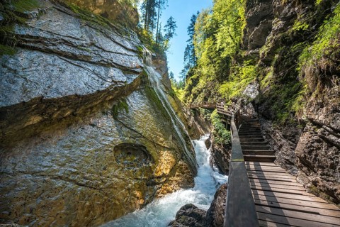 Wodden boardwalk leads along the Wimbach river through the Wimbach Ravine