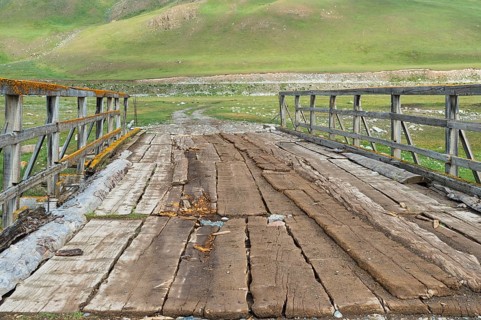 Old wooden bridge over a Mountain river