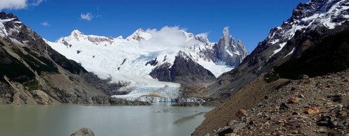 Snowy mountain range with Cerro Torre and Laguna Torre