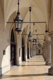 Lamps at arcades of Cloth Hall