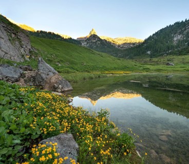 Schottmalhorn reflected in lake Funtensee at sunset