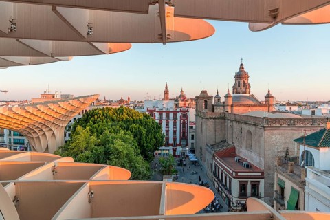 View over city with cathedral