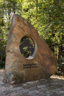 Stone slab at the entrance to the bastion with inscription National Park Saxon Switzerland