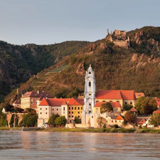 View over the Danube to Durnstein with collegiate church and castle ruin