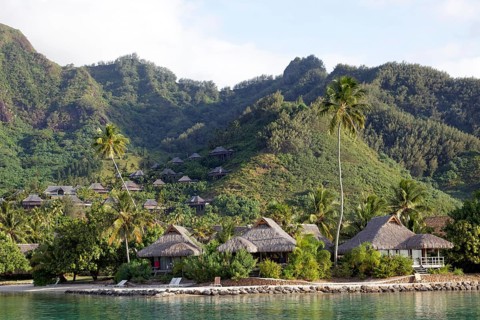 Bungalows by the sea with palm trees in front of green hills