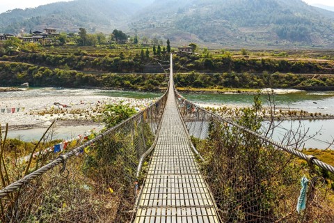 Longest suspension bridge of Bhutan over river Puna Tsang Chhu