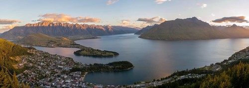 View of Lake Wakatipu and Queenstown at sunset