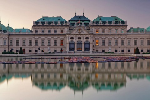 Belvedere Castle and fountain with reflection