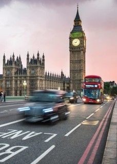 Taxi and red double-decker bus on the Westminster Bridge