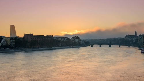 View across the Rhine to Basel with Roche Tower and Mittlere Rheinbrucke