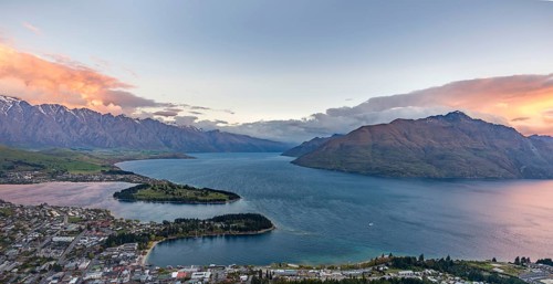 View of Lake Wakatipu and Queenstown after sunset
