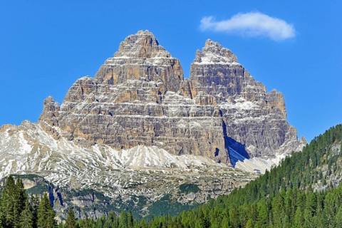 Three Peaks of Lavaredo south walls and Auronzo mountain hut 2320 m
