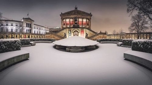 Old national gallery in winter at snow