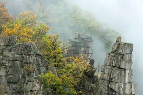 Rock spires in fog