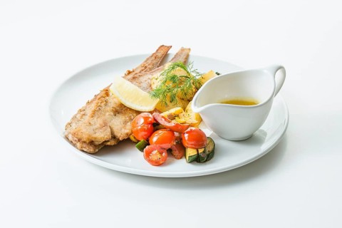 Fried floured sole with parsley potatoes and buttered vegetables