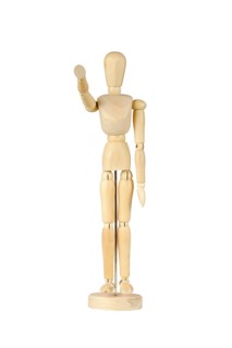 Wooden stickman holding out his hand forward