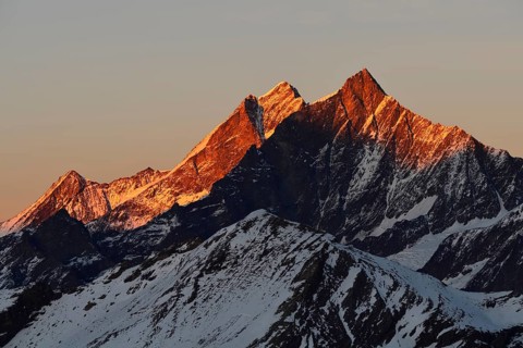 Mountaintops Taschhorn and Dom in evening light