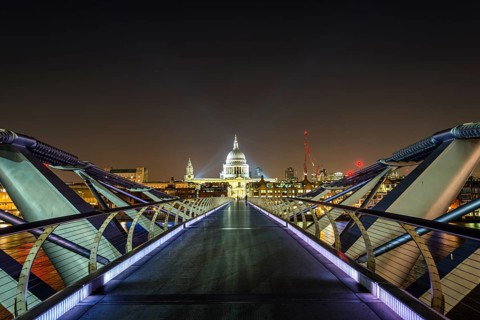 Illuminated Millennium Bridge and St. Paul's Cathedral