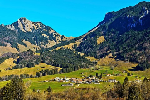 Landscape of the region of La Gruyere with the locality of Estavannens