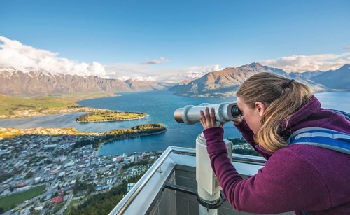 Woman looking through telescope