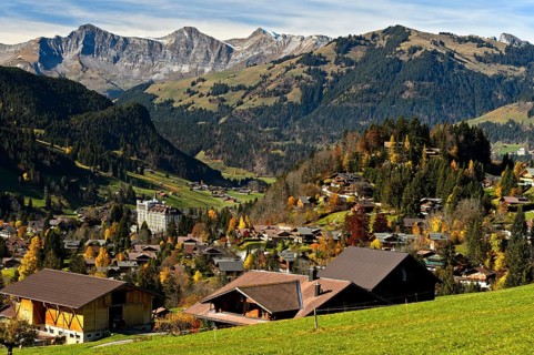 Townscape with Gstaad Palace Hotel in autumn