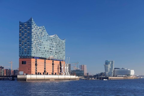 View across the Elbe of HafenCity with Elbphilharmonie