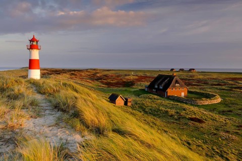 Lighthouse List-Ost with typical Frisian houses with thatched roof