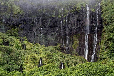 Waterfalls over lava rocks