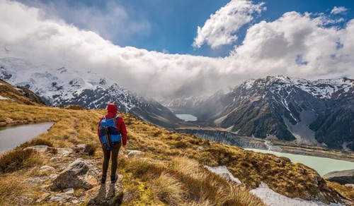 Hiker looking into Hooker Valley
