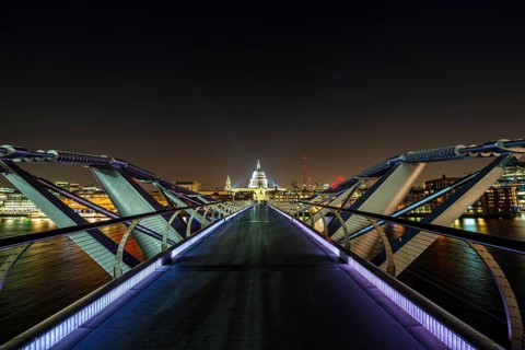 Illuminated Millennium Bridge and St. Paul's Cathedral