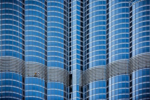 Window cleaners on glass facade of Burj Khalifa