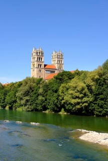 Isar river and church of St. Maximilian in the Glockenbachviertel