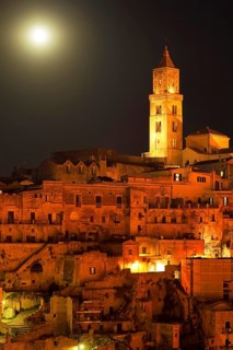 Medieval old town with cathedral at full moon